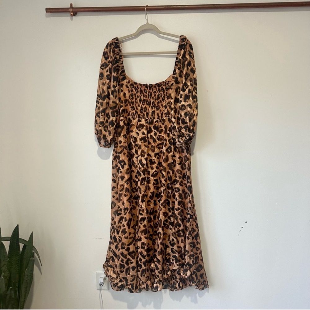 Anthropologie Hutch Printed Twist Front Puff Sleeve Ruffle Hem Dress Leopard - Picture 2 of 5
